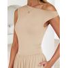 imageZESICA Womens Summer 2025 Sleeveless Maxi Dress One Shoulder Casual Slim Swing Pleated Dresses with PocketsSand