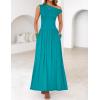 imageZESICA Womens Summer 2025 Sleeveless Maxi Dress One Shoulder Casual Slim Swing Pleated Dresses with PocketsTeal