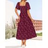 imageZESICA Womens Summer Boho Floral Midi Dresses 2025 Casual Short Sleeve Square Neck Flowy Beach Vacation Long DressWine