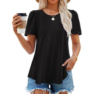 imageZESICA Womens 2025 Short Sleeve Eyelet T Shirts Crew Neck Flowy Loose fit Summer Basic Casual BlousesBlack