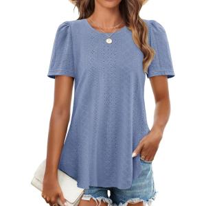 imageZESICA Womens 2025 Short Sleeve Eyelet T Shirts Crew Neck Flowy Loose fit Summer Basic Casual BlousesBlue