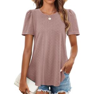 imageZESICA Womens 2025 Short Sleeve Eyelet T Shirts Crew Neck Flowy Loose fit Summer Basic Casual BlousesDustypink