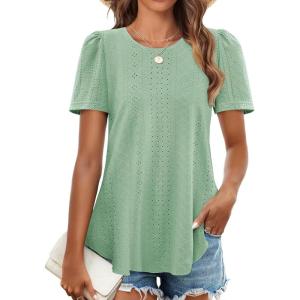 imageZESICA Womens 2025 Short Sleeve Eyelet T Shirts Crew Neck Flowy Loose fit Summer Basic Casual BlousesGreen