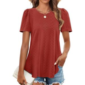 imageZESICA Womens 2025 Short Sleeve Eyelet T Shirts Crew Neck Flowy Loose fit Summer Basic Casual BlousesRust