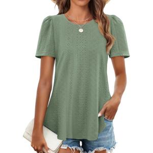 imageZESICA Womens 2025 Short Sleeve Eyelet T Shirts Crew Neck Flowy Loose fit Summer Basic Casual BlousesSage
