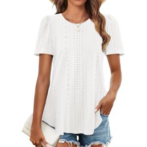 imageZESICA Womens 2025 Short Sleeve Eyelet T Shirts Crew Neck Flowy Loose fit Summer Basic Casual BlousesWhite