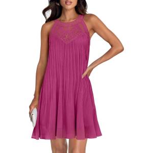 imageZESICA Womens 2025 Summer Halter Chiffon Mini Dresses Sleeveless Hollow Out A Line Flowy Ruffle Beach Vacation SundressRose