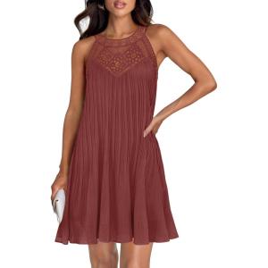 imageZESICA Womens 2025 Summer Halter Chiffon Mini Dresses Sleeveless Hollow Out A Line Flowy Ruffle Beach Vacation SundressRust