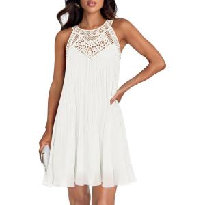 imageZESICA Womens 2025 Summer Halter Chiffon Mini Dresses Sleeveless Hollow Out A Line Flowy Ruffle Beach Vacation SundressWhite