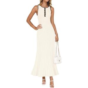 imageZESICA Womens 2025 Summer Long Maxi Dress Sleeveless Crew Neck Hollow Out Pleated Ribbed Knit Swing Tank DressesApricot