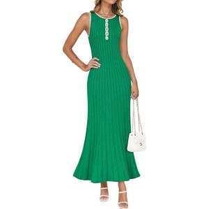 imageZESICA Womens 2025 Summer Long Maxi Dress Sleeveless Crew Neck Hollow Out Pleated Ribbed Knit Swing Tank DressesGreen
