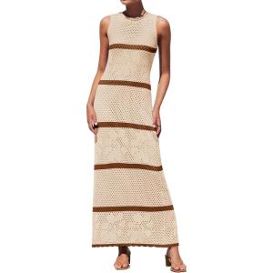 imageZESICA Womens Crochet Hollow Out Dress 2025 Summer Sleeveless Striped Coverup Sundress Beach Long Maxi DressesBeige
