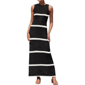 imageZESICA Womens Crochet Hollow Out Dress 2025 Summer Sleeveless Striped Coverup Sundress Beach Long Maxi DressesBlack