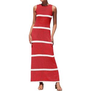 imageZESICA Womens Crochet Hollow Out Dress 2025 Summer Sleeveless Striped Coverup Sundress Beach Long Maxi DressesCoral Red
