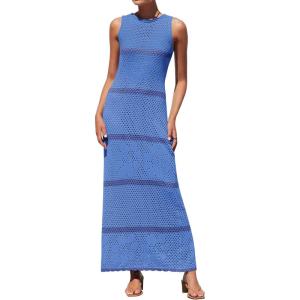 imageZESICA Womens Crochet Hollow Out Dress 2025 Summer Sleeveless Striped Coverup Sundress Beach Long Maxi DressesDusty Blue