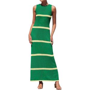 imageZESICA Womens Crochet Hollow Out Dress 2025 Summer Sleeveless Striped Coverup Sundress Beach Long Maxi DressesGreen