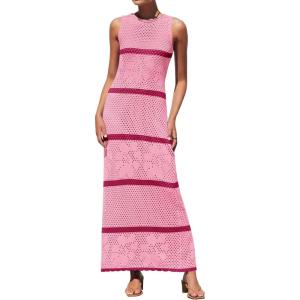 imageZESICA Womens Crochet Hollow Out Dress 2025 Summer Sleeveless Striped Coverup Sundress Beach Long Maxi DressesPink