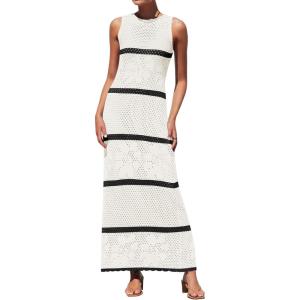imageZESICA Womens Crochet Hollow Out Dress 2025 Summer Sleeveless Striped Coverup Sundress Beach Long Maxi DressesWhite