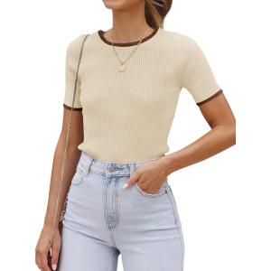imageZESICA Womens Short Sleeve Crewneck Ribbed Knit Slim Fit T Shirt 2025 Summer Basic Casual Color Block Tee TopsApricot