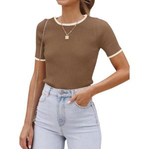 imageZESICA Womens Short Sleeve Crewneck Ribbed Knit Slim Fit T Shirt 2025 Summer Basic Casual Color Block Tee TopsBrown