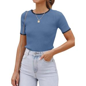 imageZESICA Womens Short Sleeve Crewneck Ribbed Knit Slim Fit T Shirt 2025 Summer Basic Casual Color Block Tee TopsDustyblue