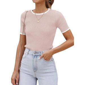 imageZESICA Womens Short Sleeve Crewneck Ribbed Knit Slim Fit T Shirt 2025 Summer Basic Casual Color Block Tee TopsDustypink