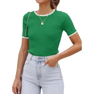 imageZESICA Womens Short Sleeve Crewneck Ribbed Knit Slim Fit T Shirt 2025 Summer Basic Casual Color Block Tee TopsGreen