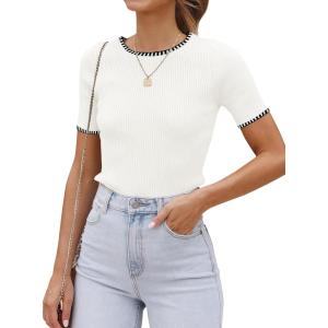 imageZESICA Womens Short Sleeve Crewneck Ribbed Knit Slim Fit T Shirt 2025 Summer Basic Casual Color Block Tee TopsIvory