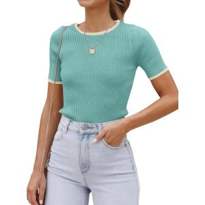 imageZESICA Womens Short Sleeve Crewneck Ribbed Knit Slim Fit T Shirt 2025 Summer Basic Casual Color Block Tee TopsMint