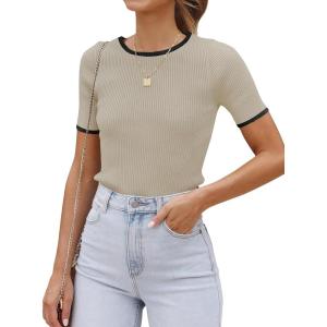 imageZESICA Womens Short Sleeve Crewneck Ribbed Knit Slim Fit T Shirt 2025 Summer Basic Casual Color Block Tee TopsOats