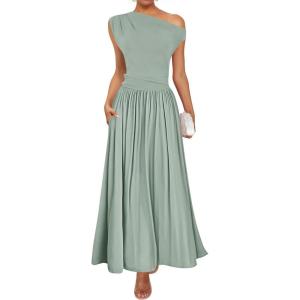 imageZESICA Womens Summer 2025 Sleeveless Maxi Dress One Shoulder Casual Slim Swing Pleated Dresses with PocketsBeangreen