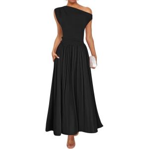 imageZESICA Womens Summer 2025 Sleeveless Maxi Dress One Shoulder Casual Slim Swing Pleated Dresses with PocketsBlack