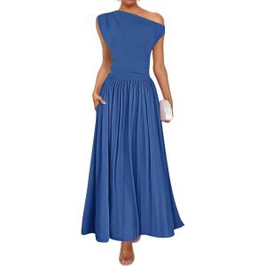 imageZESICA Womens Summer 2025 Sleeveless Maxi Dress One Shoulder Casual Slim Swing Pleated Dresses with PocketsBlue