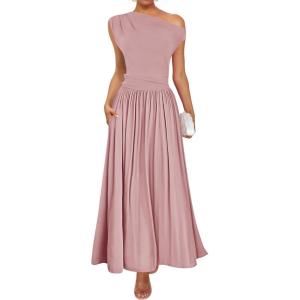 imageZESICA Womens Summer 2025 Sleeveless Maxi Dress One Shoulder Casual Slim Swing Pleated Dresses with PocketsPink