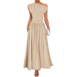 imageZESICA Womens Summer 2025 Sleeveless Maxi Dress One Shoulder Casual Slim Swing Pleated Dresses with PocketsSand