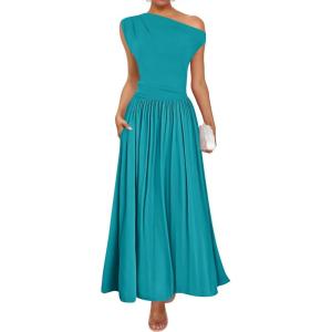 imageZESICA Womens Summer 2025 Sleeveless Maxi Dress One Shoulder Casual Slim Swing Pleated Dresses with PocketsTeal