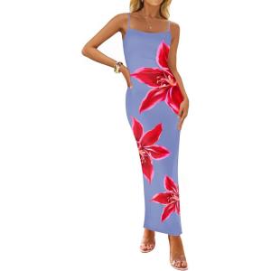 imageZESICA Womens Summer Bodycon Maxi Dresses 2025 Floral Spaghetti Strap Squre Neck Sleeveless Boho Beach Long DressesDusty Blue