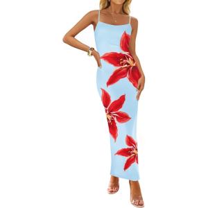 imageZESICA Womens Summer Bodycon Maxi Dresses 2025 Floral Spaghetti Strap Squre Neck Sleeveless Boho Beach Long DressesLight Blue