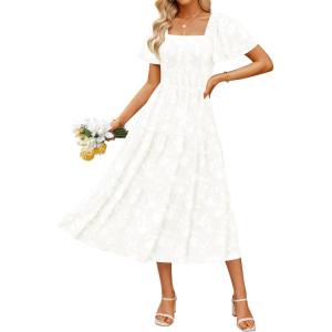 imageZESICA Womens Summer Boho Floral Midi Dresses 2025 Casual Short Sleeve Square Neck Flowy Beach Vacation Long DressWhite