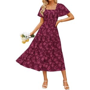 imageZESICA Womens Summer Boho Floral Midi Dresses 2025 Casual Short Sleeve Square Neck Flowy Beach Vacation Long DressWine