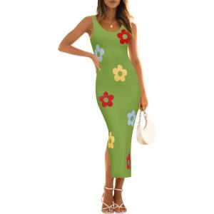 imageZESICA Womens Summer Floral Knit Bodycon Midi Dress 2025 Sleeveless Crew Neck Color Block Long Beach Party DressesGreen