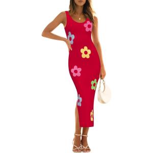 imageZESICA Womens Summer Floral Knit Bodycon Midi Dress 2025 Sleeveless Crew Neck Color Block Long Beach Party DressesRed