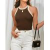imageZESICA Womens Summer Sleeveless Tank Tops Ribbed High Neck Racerback Slim Fitted Color Block Casual ShirtsBrown