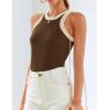 imageZESICA Womens Summer Sleeveless Tank Tops Ribbed High Neck Racerback Slim Fitted Color Block Casual ShirtsBrown