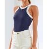 imageZESICA Womens Summer Sleeveless Tank Tops Ribbed High Neck Racerback Slim Fitted Color Block Casual ShirtsNavy