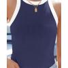 imageZESICA Womens Summer Sleeveless Tank Tops Ribbed High Neck Racerback Slim Fitted Color Block Casual ShirtsNavy