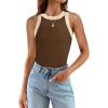 imageZESICA Womens Summer Sleeveless Tank Tops Ribbed High Neck Racerback Slim Fitted Color Block Casual ShirtsBrown