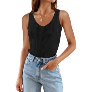imageZESICA Womens Ribbed Tank Tops Summer Sleeveless V Neck Shirts Casual Sexy Slim Fitted Basic Knit TeesBlack