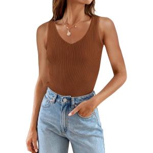 imageZESICA Womens Ribbed Tank Tops Summer Sleeveless V Neck Shirts Casual Sexy Slim Fitted Basic Knit TeesCaramel