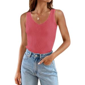 imageZESICA Womens Ribbed Tank Tops Summer Sleeveless V Neck Shirts Casual Sexy Slim Fitted Basic Knit TeesCoral